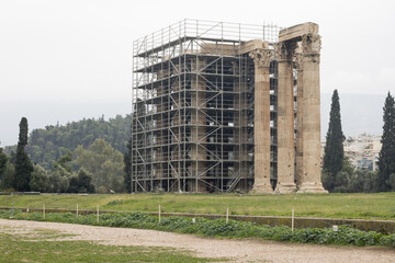 Remodeling being done on the The ruins of the Temple of Olympian Zeus, Olympieion in  Athens, Greece
