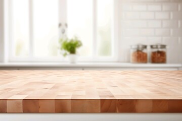Natural Elegance: Selective Focus on End Grain Wood Counter Table Top in Minimal White Kitchen Setting. Generative AI