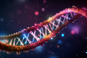 Digitalized DNA Strand in 3D Rendering 3D rendering of a digitalized DNA strand, representing the intersection of genomics and digital technology. AI generative background  - obrazy, fototapety, plakaty