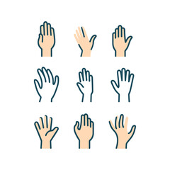 Vector illustration of a set of hands with different gestures, depicted in a simplified style with outlines in warm colors.