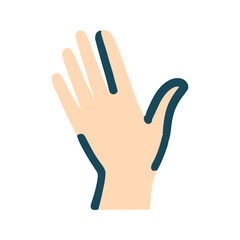 Vector illustration hand graphic, stylized flat icon, showing the back of the palm with fingers spread, shades of blue and beige colors, isolated on white background.