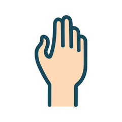 Hand vector icon in flat style with outline and darkened details, raised palm with separated fingers.