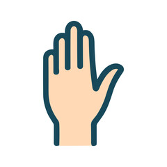 Obraz premium Stylized hand vector icon, depicted in flat style, with extended fingers, done in warm shades of beige and blue colors, isolated on white background.