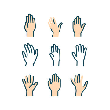 Vector illustration of a set of hands with different gestures, depicted in a simplified style with outlines in warm colors.