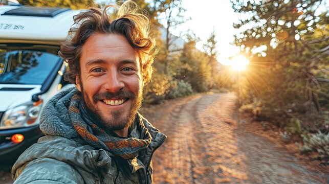 Happy man looking at camera with the van behind him, parked in the forest. Nomadic vanlife concept.