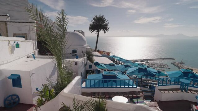 Sidi Bou Said, Tunisia - Cafe with Blue and White Color Overlook Mediterranean Sea