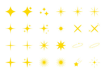 Yellow sparkles set, vector sparkling stars, shiny flashes of fireworks. Set of star elements of various shapes - obrazy, fototapety, plakaty