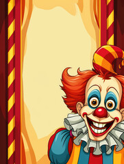 Card design of a joyful clown in circus attire with a big smile and colourful costume.