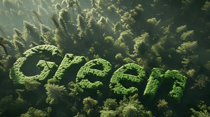 Aerial view of the word Green spelled using crops, symbolizing eco-friendly agriculture and sustainable environmental practices.
