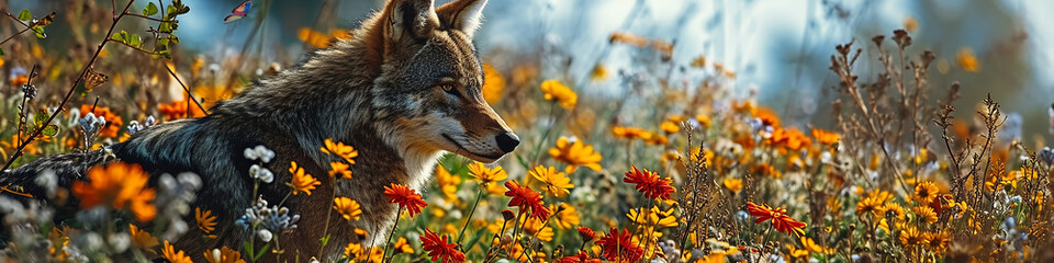 Porträt eines Wolfs auf einer Wiese voller bunter Blumen.  - obrazy, fototapety, plakaty