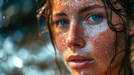 Close-up portrait of a beautiful young woman with wet hair and freckles on her face.  - obrazy, fototapety, plakaty