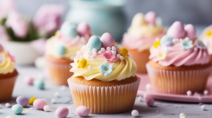 Easter or birthday cupcakes with pastel frosting, kitchen or sweet food background