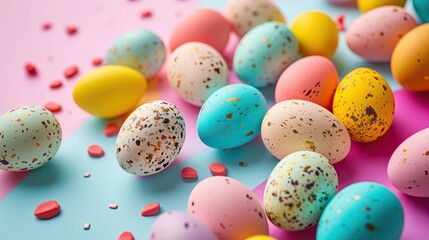 Fototapeta na wymiar Easter eggs painted in vibrant colors, flat lay composition, bright modern pastel background