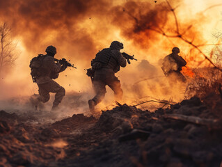 Soldiers and armed forces in trenches in regional conflict war holding weapons