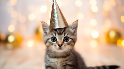 A little kitten celebrates his birthday, Christmas or New Year. A kitten in a shiny cap against a background of blurred lights. Cat and holiday decor