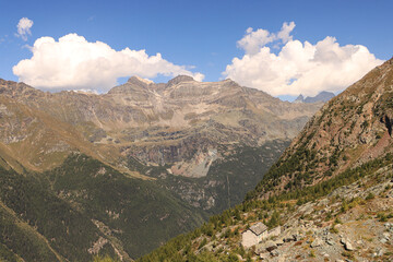 Naklejka premium Wildromantisches Valmalenco; Blick vom Lago Pirola über das Tal auf Piz Tremooge, Piz Malenco und Sassa d'Entova