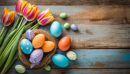 Obraz na płótnie Canvas Many colorful eggs and flowers arranged on a wooden background. for Easter, spring, farm, or food-themed designs and projects. Adds a vibrant and cheerful touch.Easter holiday card concept