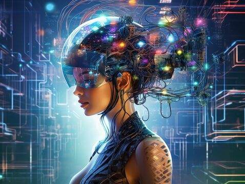 The head of a young woman is the process of artificial intelligence, processing and training of artificial brain, modern technologies, emotional and psychological work of the human brain. Side view. C