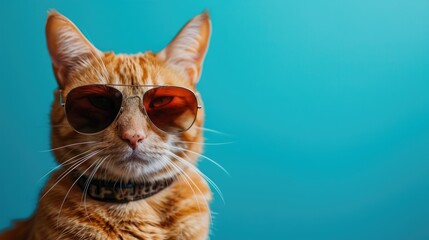 Trendy Cat with Attitude Posing in Brown Sunglasses, Blue Background