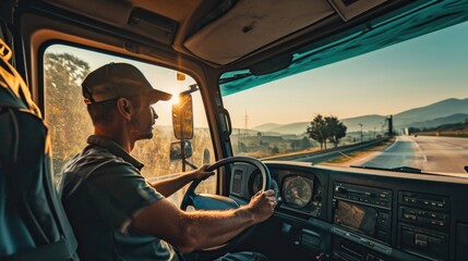 Fototapeta premium Focused Truck Driver Navigating Road at Sunrise with Vivid Sky