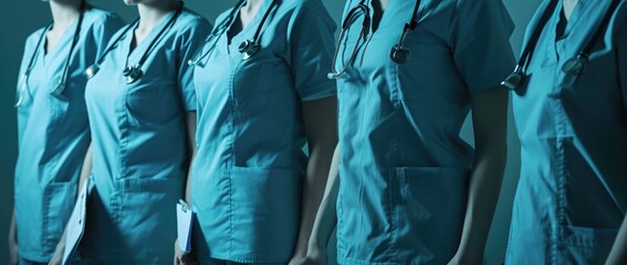 Unified Group of Medical Staff in Matching Blue Scrubs Standing Shoulder to Shoulder