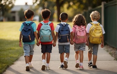 Back-to-School Joy. Group of Young Children Walking in Friendship