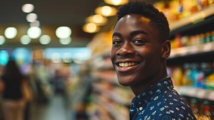Fototapeta premium Young Black Male Smiling in Grocery Store Aisle