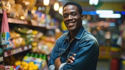Fototapeta na wymiar Cheerful African American Man with Arms Crossed in a Grocery Store Aisle