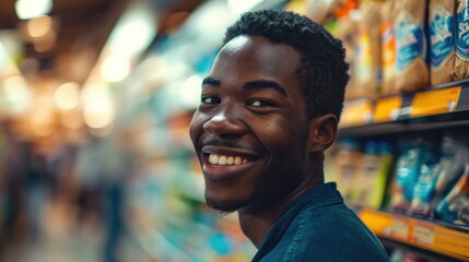 Young Man Smiling Amongst Grocery Shelves