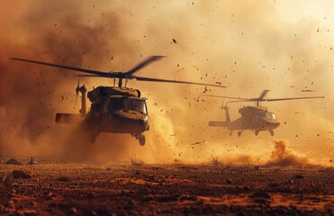 Military Helicopters Landing in a Dust Storm - obrazy, fototapety, plakaty
