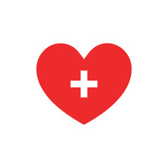 Vector red heart plus Icon or logo with a white medical cross symbol. Healthcare, medicine. 