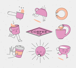 Coffee shop elements bottomless portafilter, running cup, coffee bean, sun, take away, milk jug drawing in cartoon flat line on pink background
