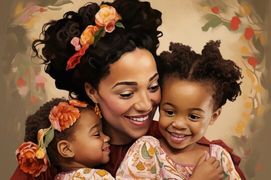 Illustration of a black woman with her baby watercolor painting style.