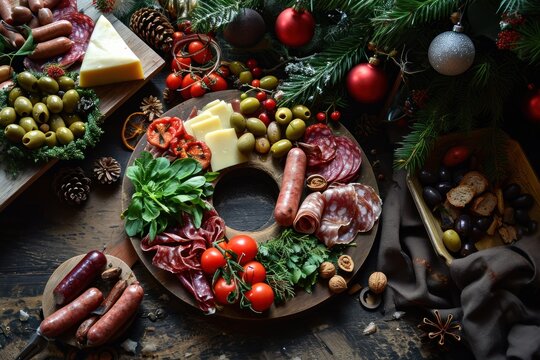 Different antipasto in shape of Christmas wreath