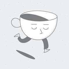 Running sleepy cup of coffee drawing in cartoon flat line style on grey background