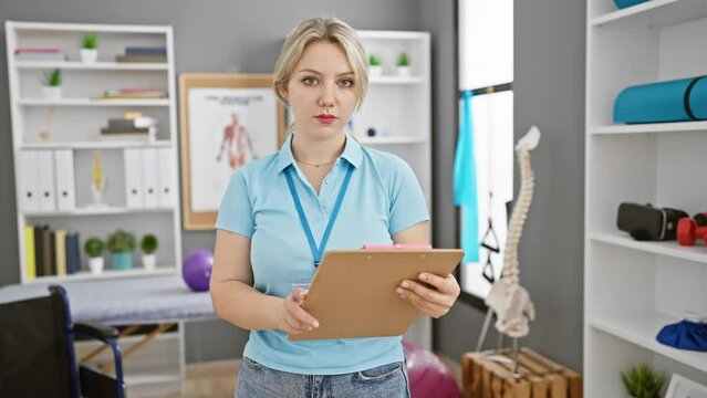 Confident young blonde physio therapist, thinking woman with clipboard, sober attitude within rehab clinic