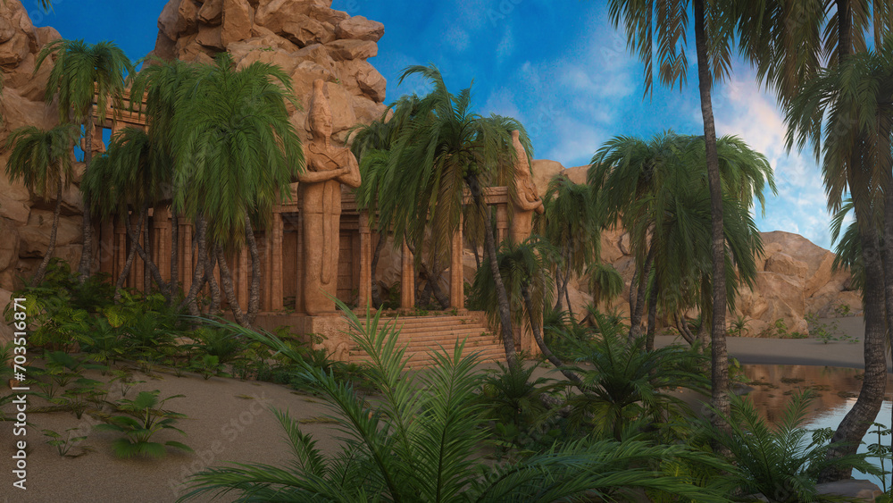 Poster fantasy ancient temple ruin in a jungle landscape. 3d rendering.