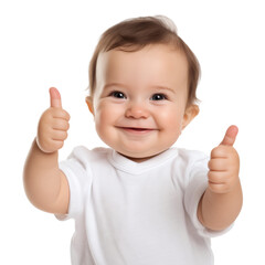 happy baby showing thumbs up and smiling at the camera on transparent background