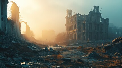 A black shabby city full of building ruins and smog. Generative AI.