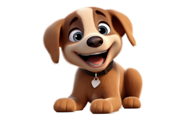 realistic 3d render of a happy puppy dog smiling with big eyes at camera