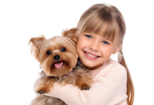 Smiling blond young girl holding a yorkshire terrier puppy dog isolated on transparent background looking at camera