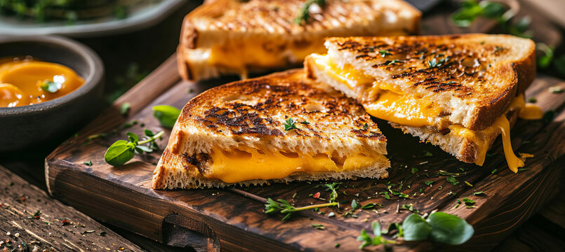 Breakfast with fresh grilled cheese vegetarian sandwich with melted cheddar cheese and vegetables