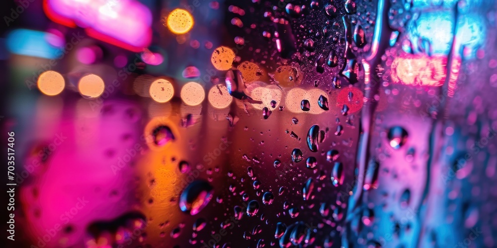 Poster a night scene with raindrops on a window, creating a bokeh effect with colorful city lights and stre