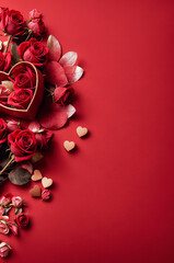 Red vertical background with roses, hearts, gifts. Post for valentine's day, women's day, mother's day, romantic card, invitation. Generative AI.