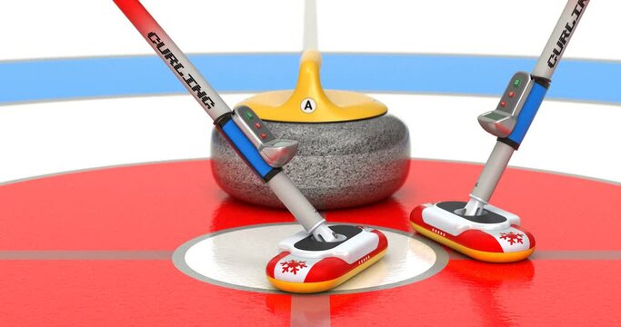 Curling granite stone with brushes sliding on ice sheet animation - 3D animation