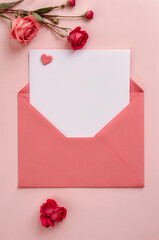 Valentine card with roses and hearts, pink empty letter, envelope with copy space, top down. Valentine's day, women's day poster, flyer, invitation. Generative AI.