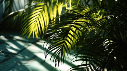 Fototapeta premium Shadows of palm leaves on a green surface. Generative AI.
