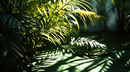 Shadows of palm leaves on a green surface. Generative AI.