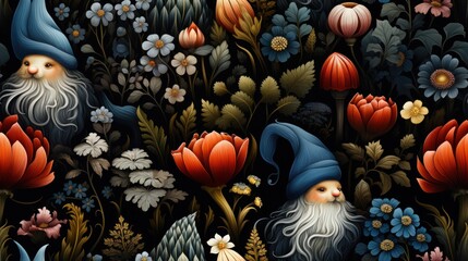 Garden gnome, 3d, neotraditional illustration, repeating pattern, seamless pattern