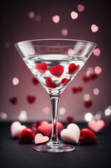 Martini glass with cherry hearts, vertical background post, event party flyer for club, bar, hotel, restuarant, poster for valentine's day, women's day, carnival. Generative AI.
